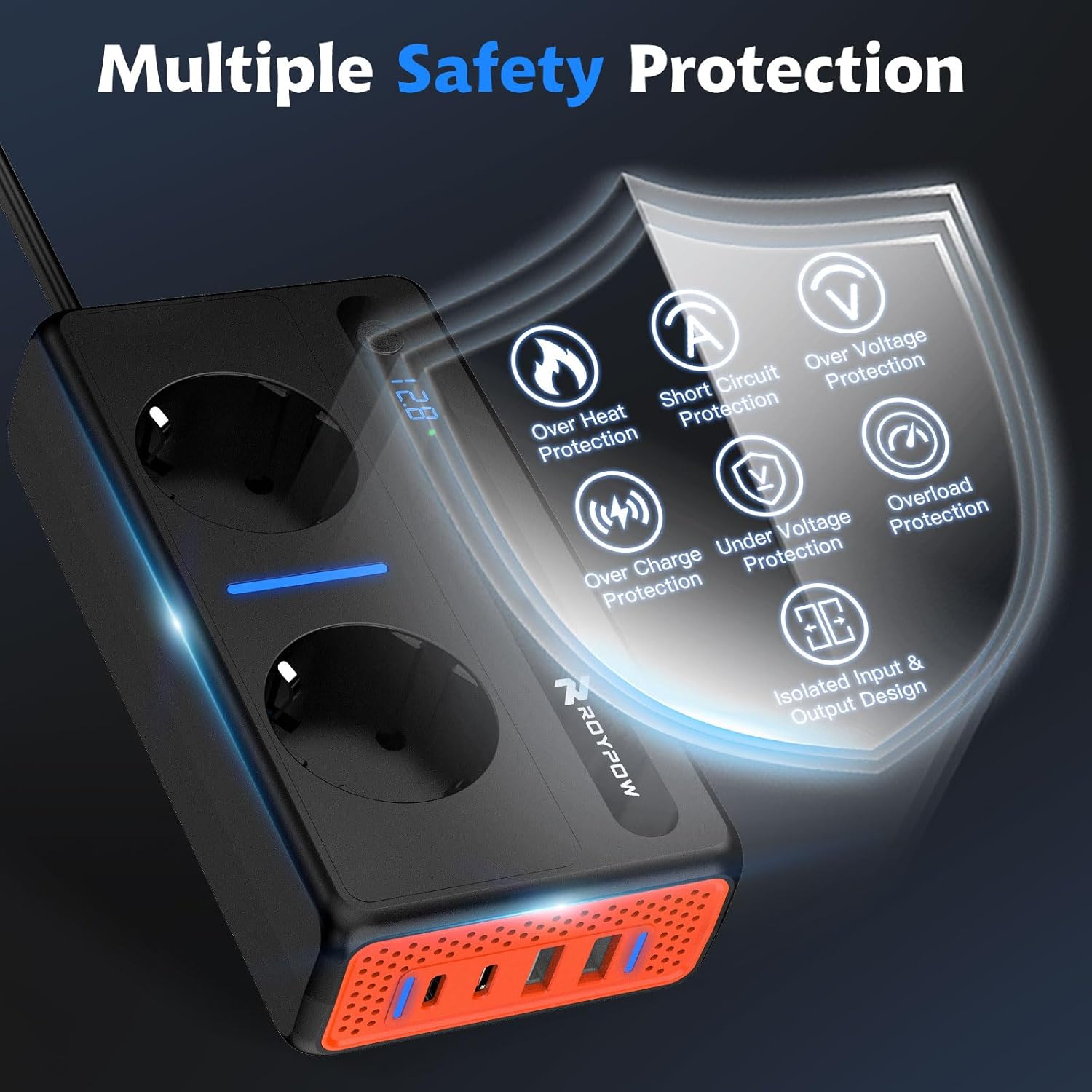 RoyPow 12V 220V Car Converter - 300W Inverter Transformer 2 Sockets and 4 USB Ports Voltage Converter, Quick Charge Car Charger with Cigarette Lighter Socket