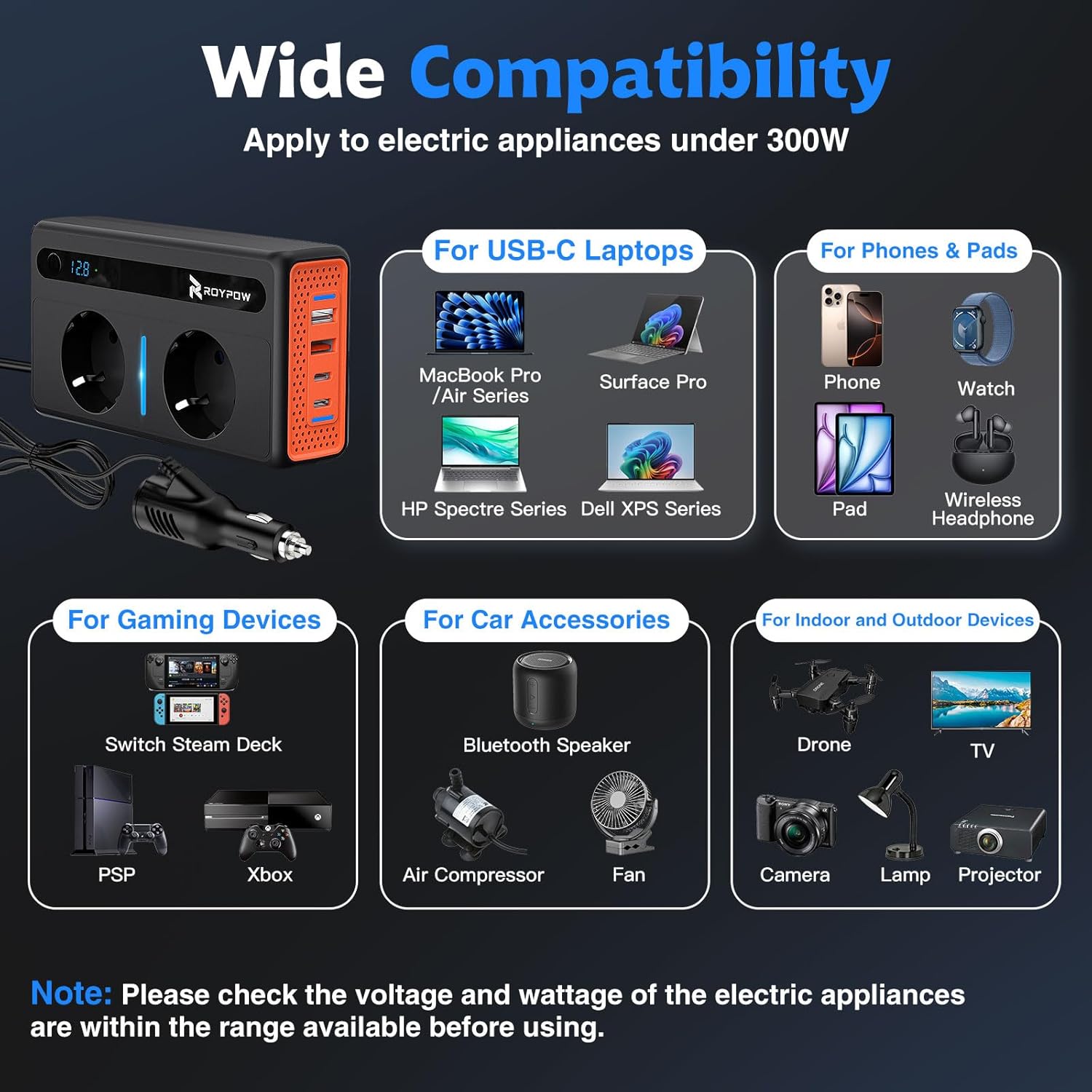 RoyPow 12V 220V Car Converter - 300W Inverter Transformer 2 Sockets and 4 USB Ports Voltage Converter, Quick Charge Car Charger with Cigarette Lighter Socket