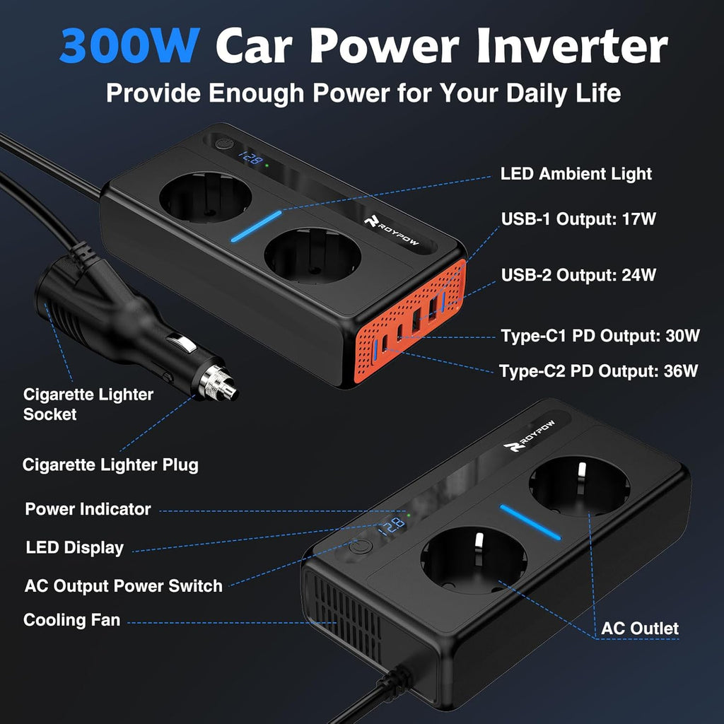 RoyPow 12V 220V Car Converter - 300W Inverter Transformer 2 Sockets and 4 USB Ports Voltage Converter, Quick Charge Car Charger with Cigarette Lighter Socket