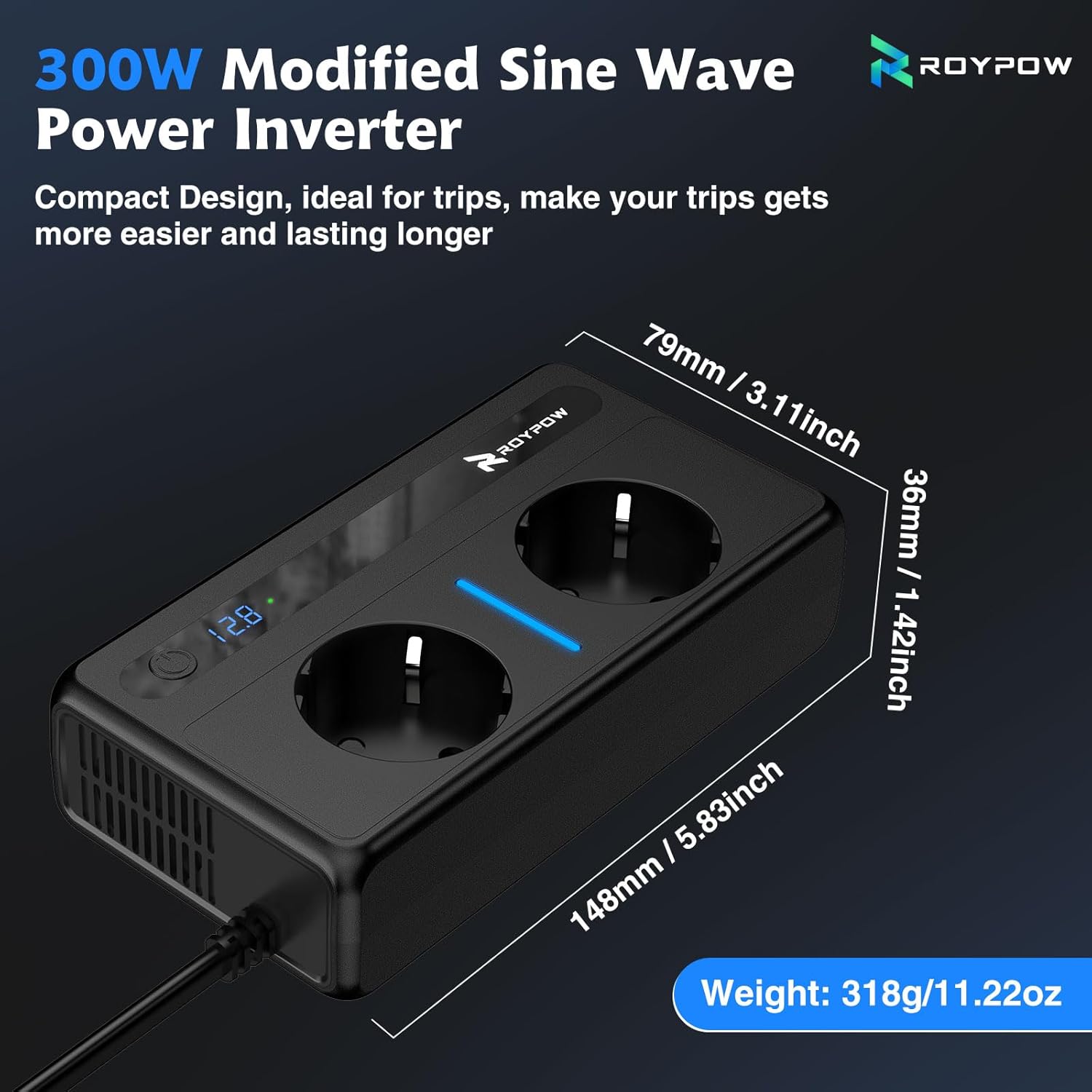 RoyPow 12V 220V Car Converter - 300W Inverter Transformer 2 Sockets and 4 USB Ports Voltage Converter, Quick Charge Car Charger with Cigarette Lighter Socket