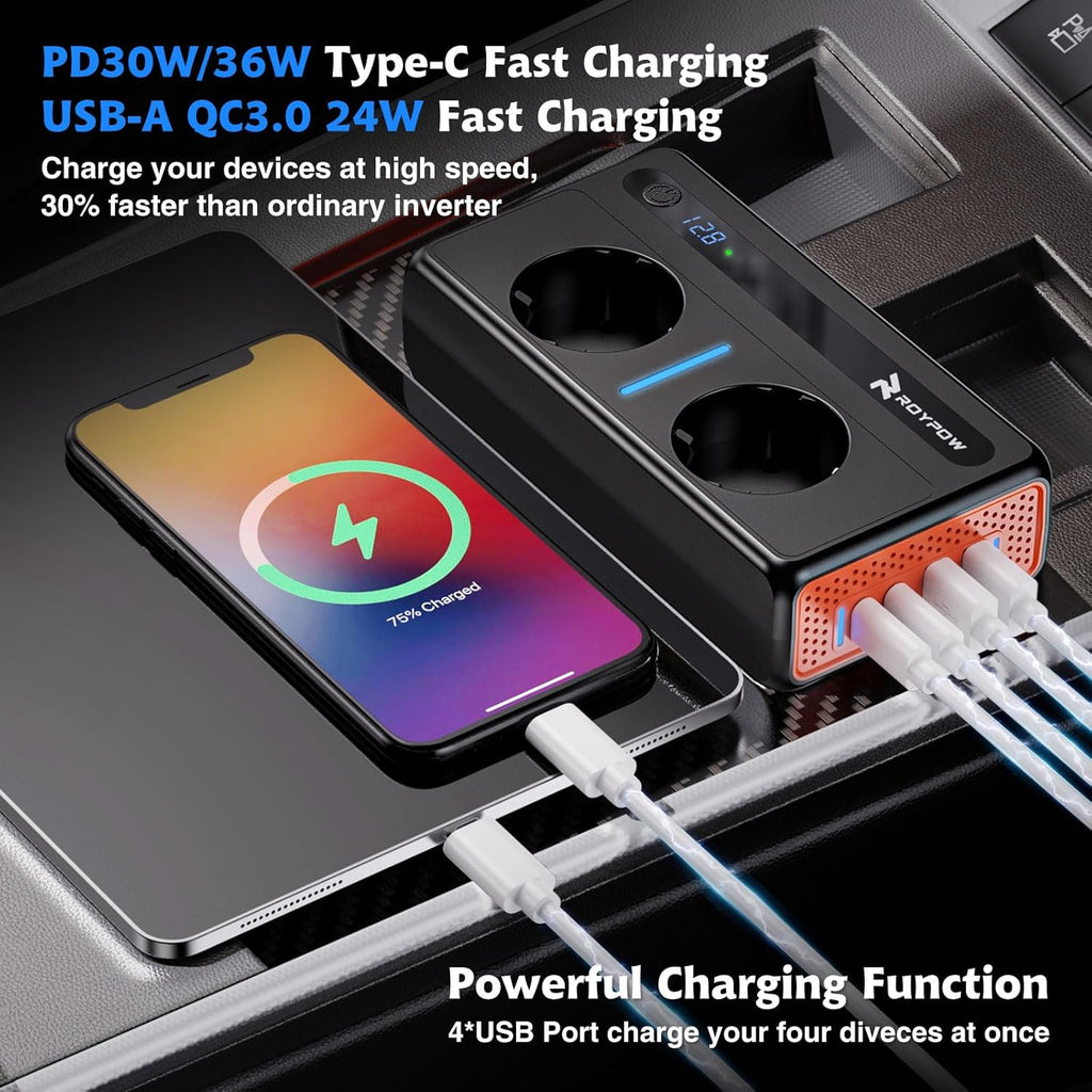 RoyPow 12V 220V Car Converter - 300W Inverter Transformer 2 Sockets and 4 USB Ports Voltage Converter, Quick Charge Car Charger with Cigarette Lighter Socket