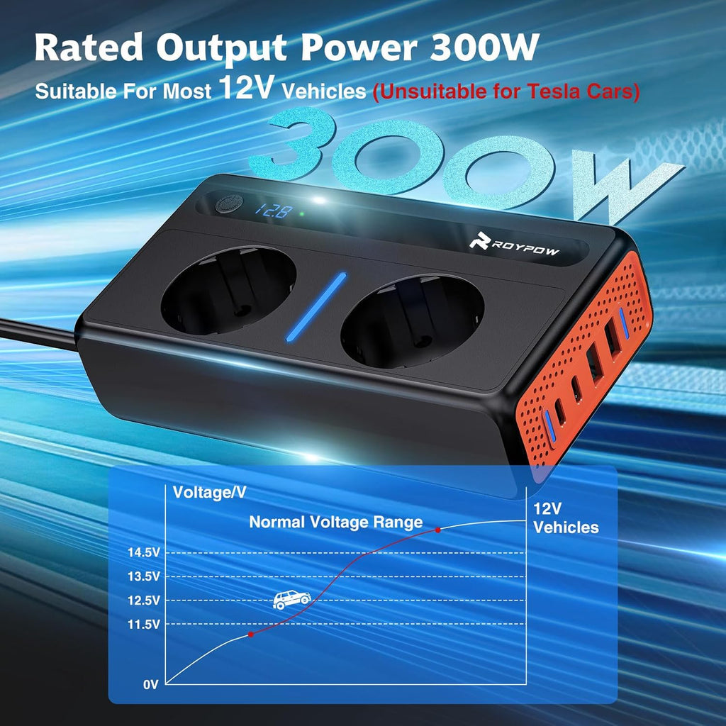 RoyPow 12V 220V Car Converter - 300W Inverter Transformer 2 Sockets and 4 USB Ports Voltage Converter, Quick Charge Car Charger with Cigarette Lighter Socket