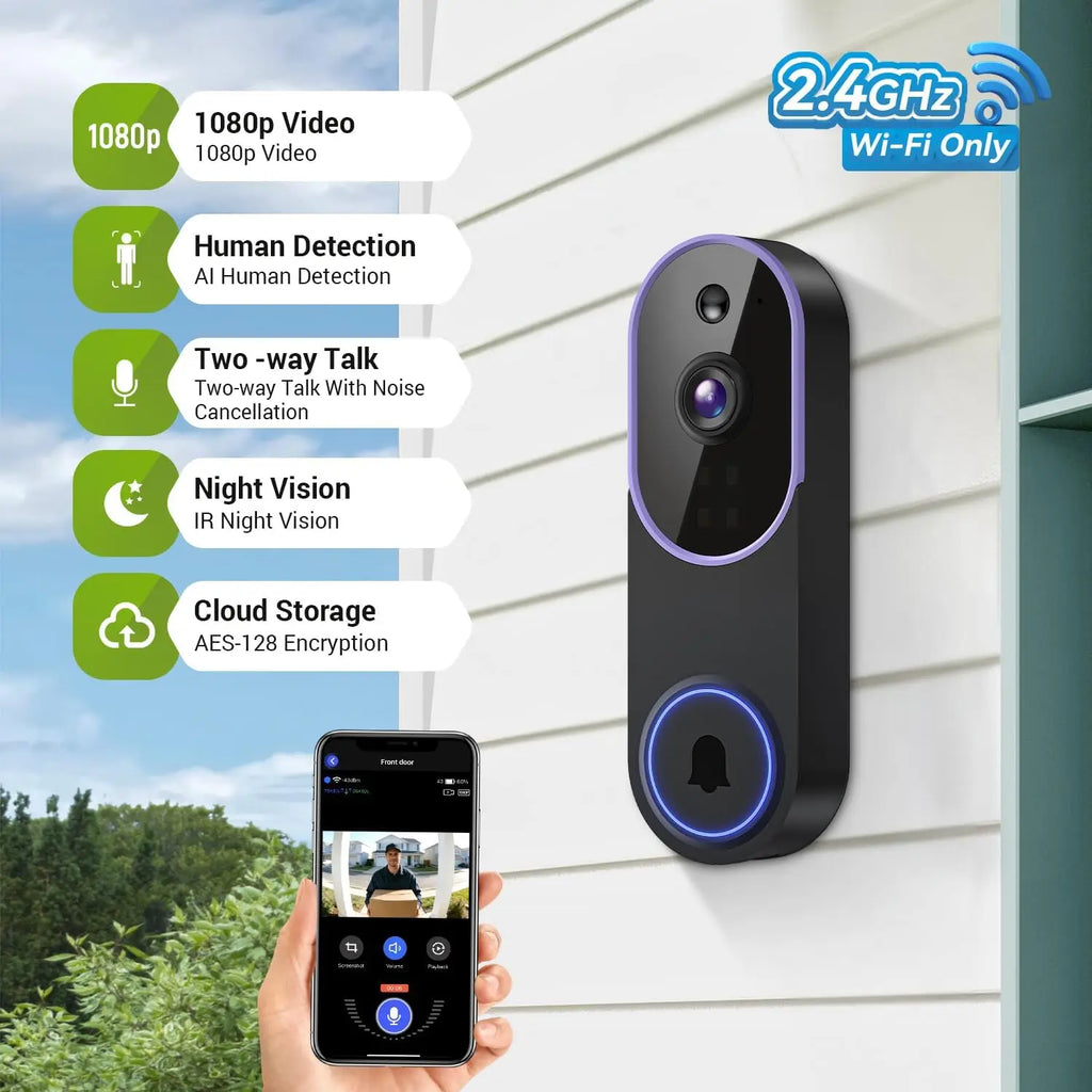 1080P Wireless Video Doorbell Camera with AI Human Detection, Night Vision, Two-Way Audio, Cloud Storage for Outdoor Security