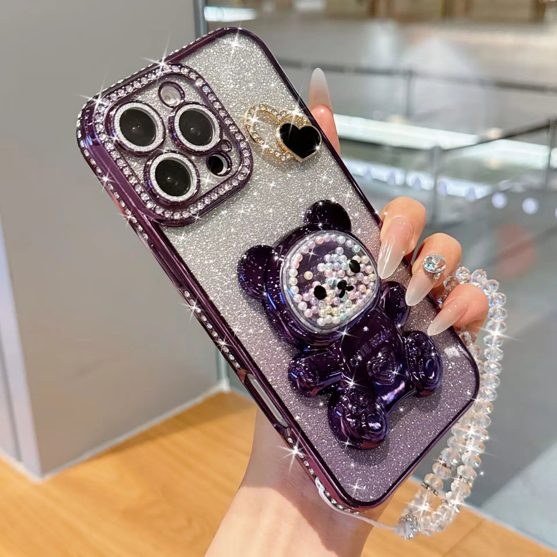 Étui souple brillant, orné d'un ours en perles colorées et plaqué électrolytiquement, compatible avec les iPhone 17, 16, 14, 15, 13, 12 et 11. Chaîne de perles.