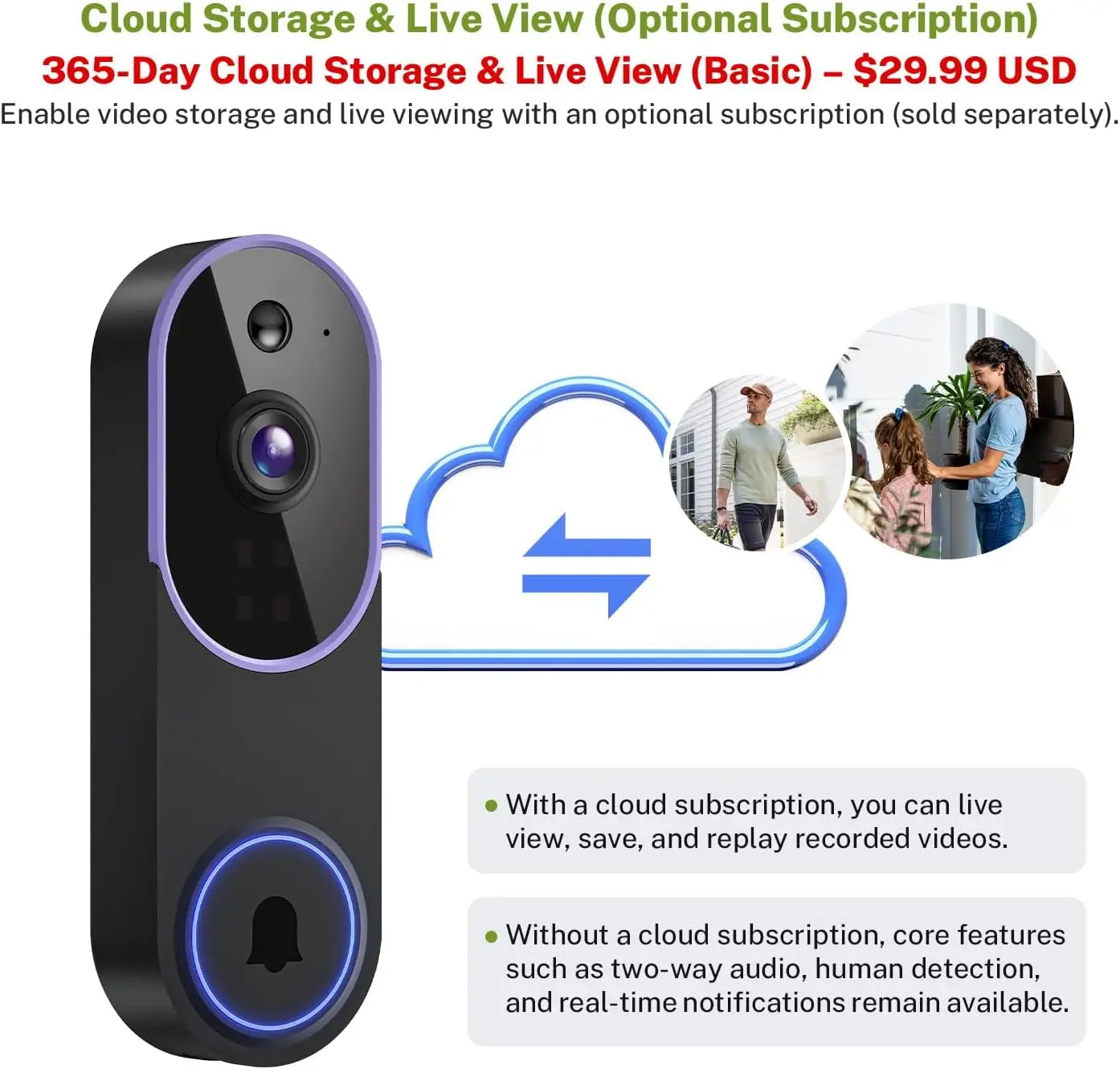 1080P Wireless Video Doorbell Camera with AI Human Detection, Night Vision, Two-Way Audio, Cloud Storage for Outdoor Security