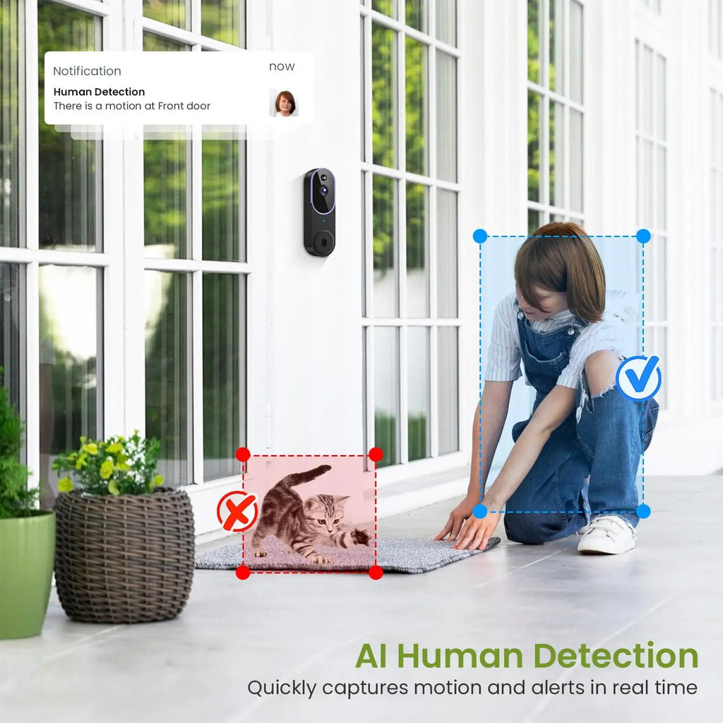 1080P Wireless Video Doorbell Camera with AI Human Detection, Night Vision, Two-Way Audio, Cloud Storage for Outdoor Security