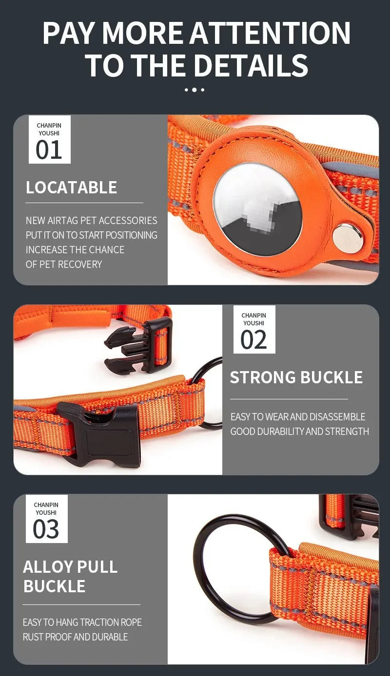 Collier Chien AirTag Réfléchissant – Rembourré, Réglable, Nylon